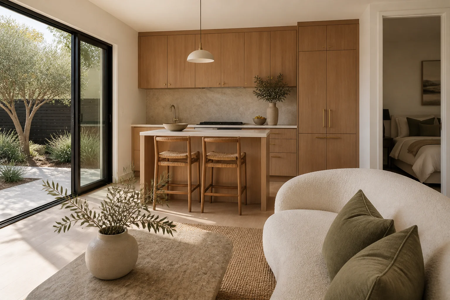 ADU interior design concept with warm wood, soft daylight and an open living space